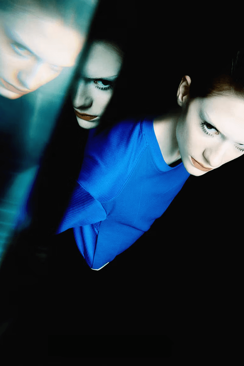 ader error campaign futuristic hair makeup red lip black eyeliner blonde