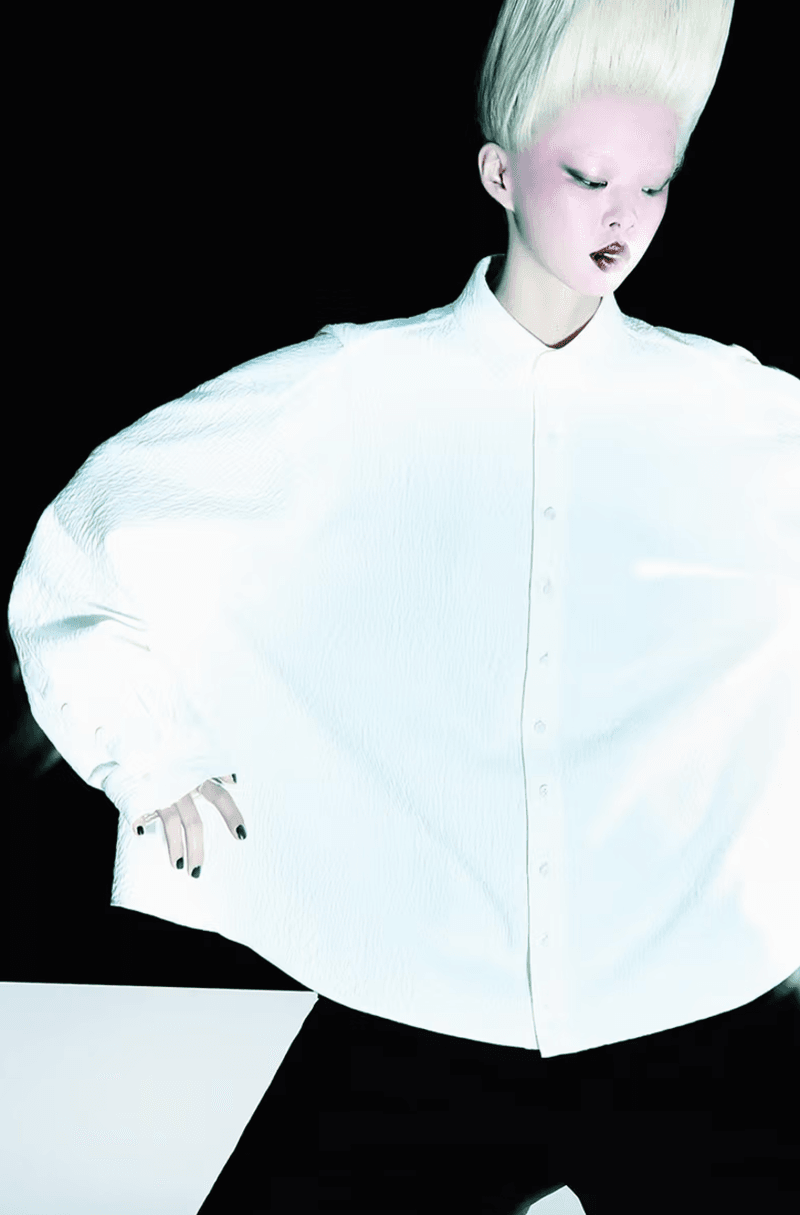 ader error campaign futuristic hair makeup red lip black eyeliner blonde