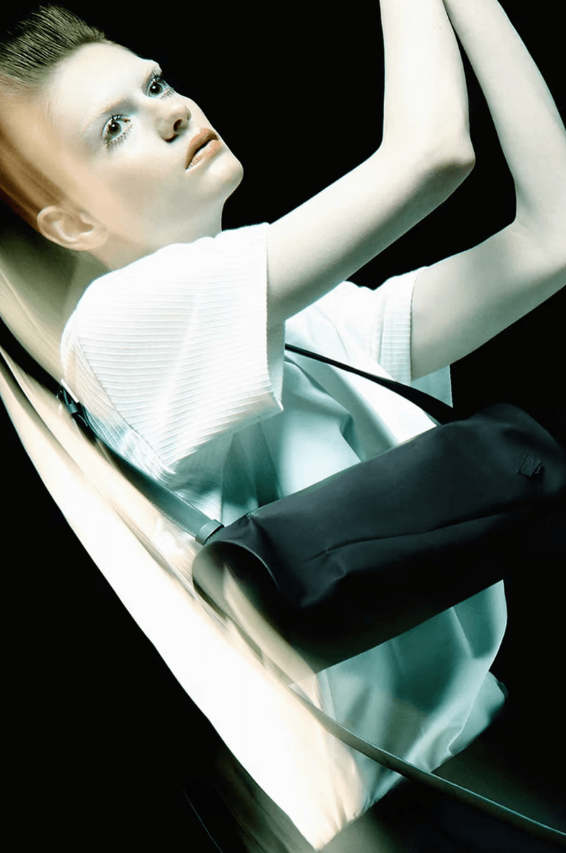 ader error campaign futuristic hair makeup red lip black eyeliner blonde