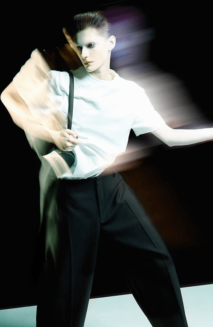 ader error campaign futuristic hair makeup red lip black eyeliner blonde