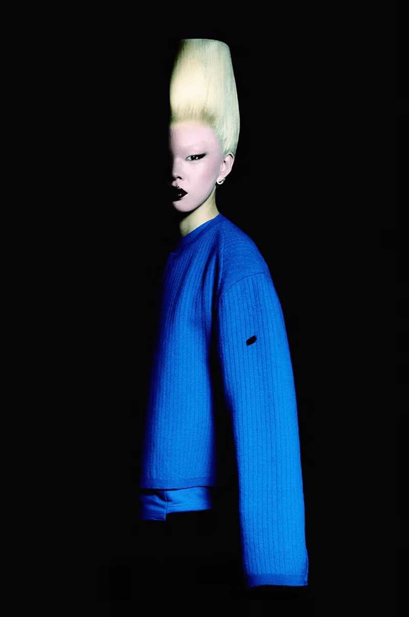 ader error campaign futuristic hair makeup red lip black eyeliner blonde