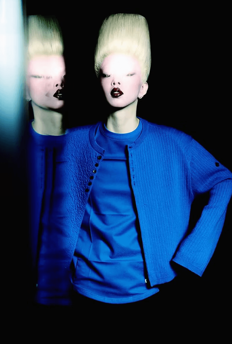 ader error campaign futuristic hair makeup red lip black eyeliner blonde