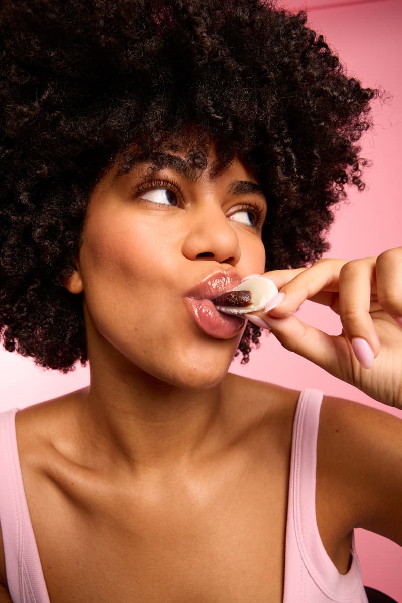 tower28 lip treatment, lipsoftie in red bean mochi, red bean cake near tea cup, woman wearing lip balm, skincare, makeup