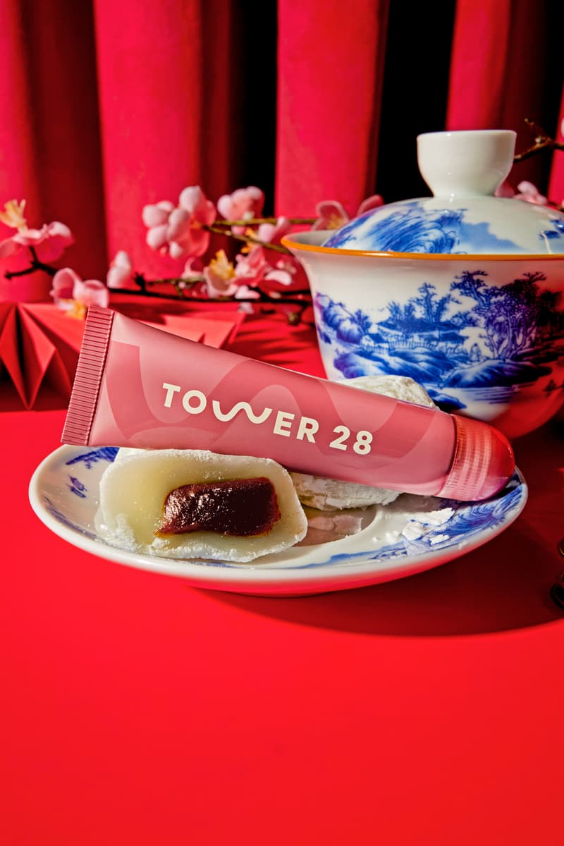 tower28 lip treatment, lipsoftie in red bean mochi, red bean cake near tea cup, woman wearing lip balm, skincare, makeup