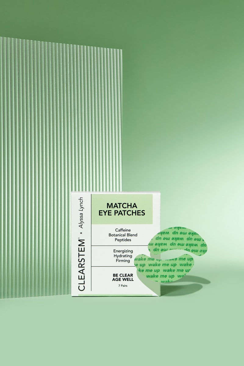 women drinking coffee in hotel room wearing towel and eye patches, clearstem skincare, matcha eye mask, alyssa lynch