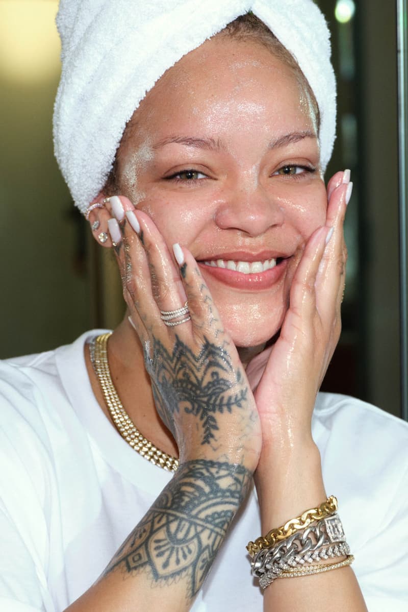 rihanna washing her face with the new fenty skin cherry dub pore purify'r gel cleanser, skincare, beauty