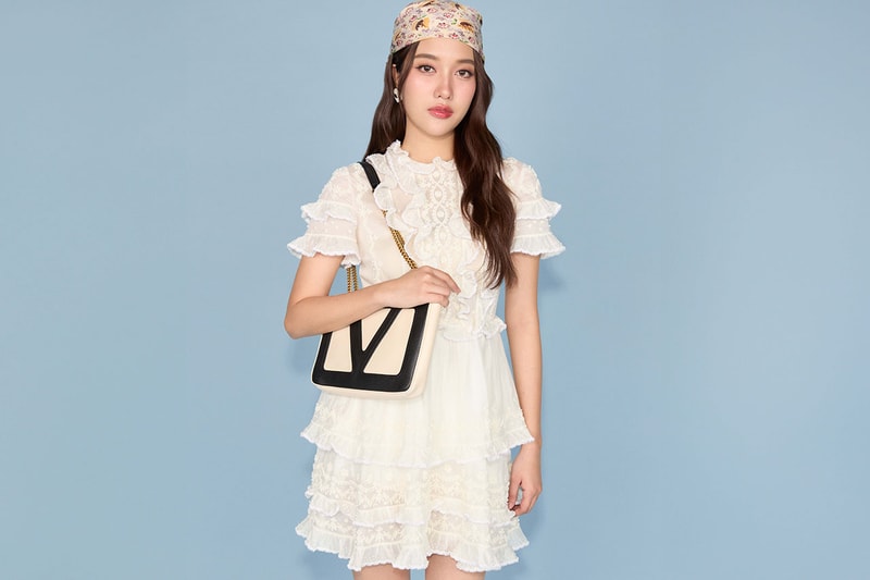 freen sarocha thai actor valentino ruffled white dress head covering floral v bag