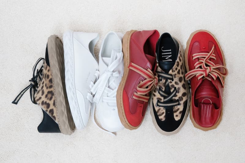 jimmy choo sneakers trainers diamond shape white silver leopard print red leather