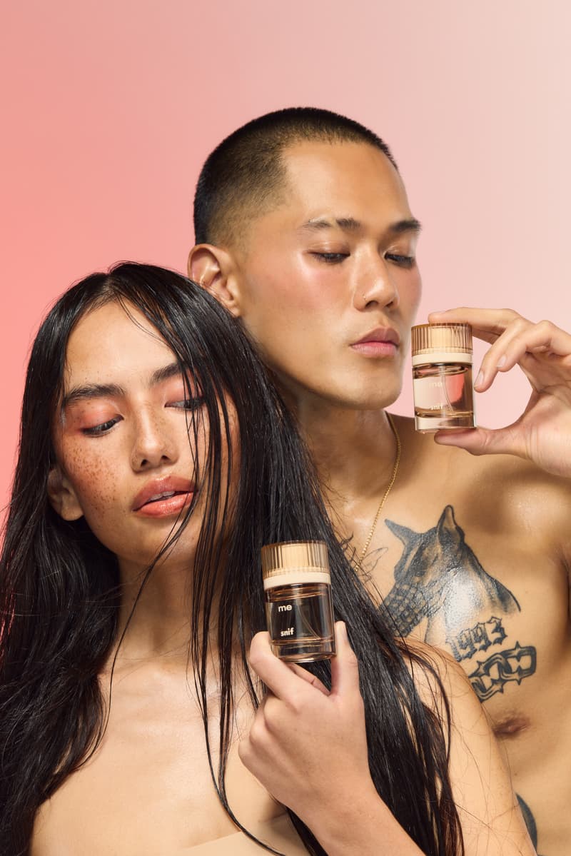 five people holding peaches, posing closely together, "me" fragrance, snif, perfume, beauty