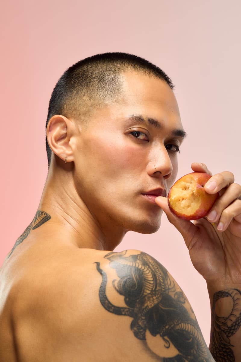 five people holding peaches, posing closely together, "me" fragrance, snif, perfume, beauty