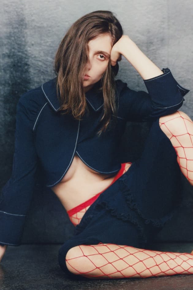 lucila safdie designer campaign woman girl fishnet tights cropped jacket shorts