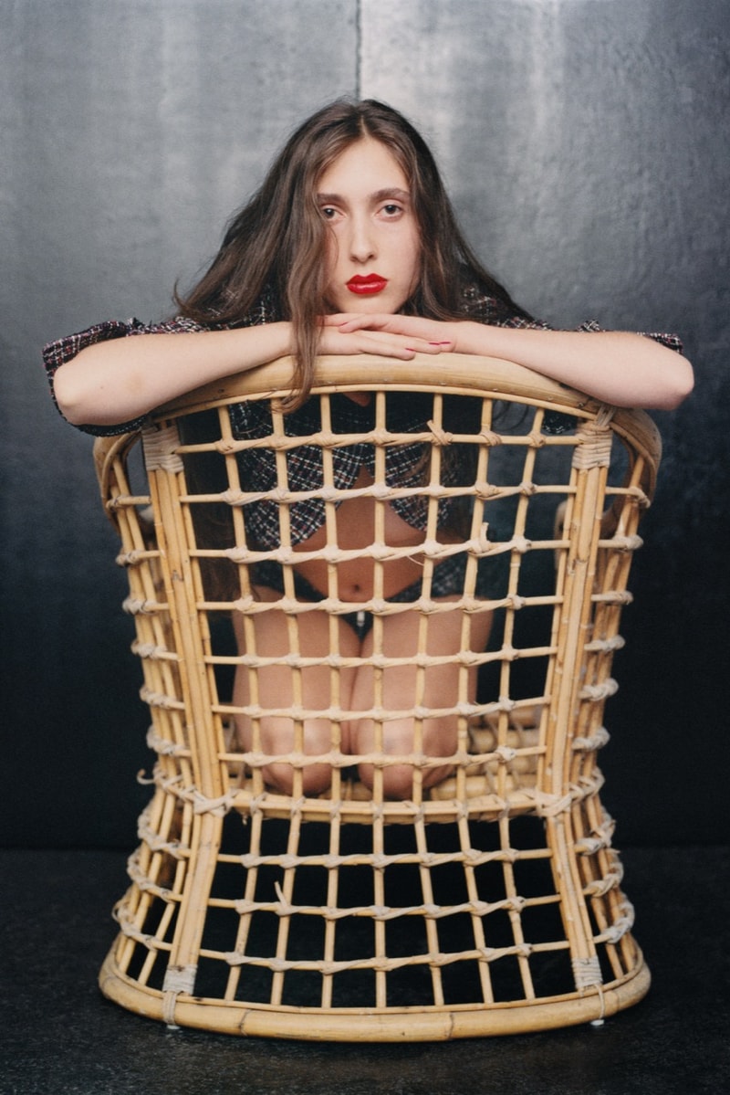 lucila safdie designer campaign woman girl fishnet tights cropped jacket shorts