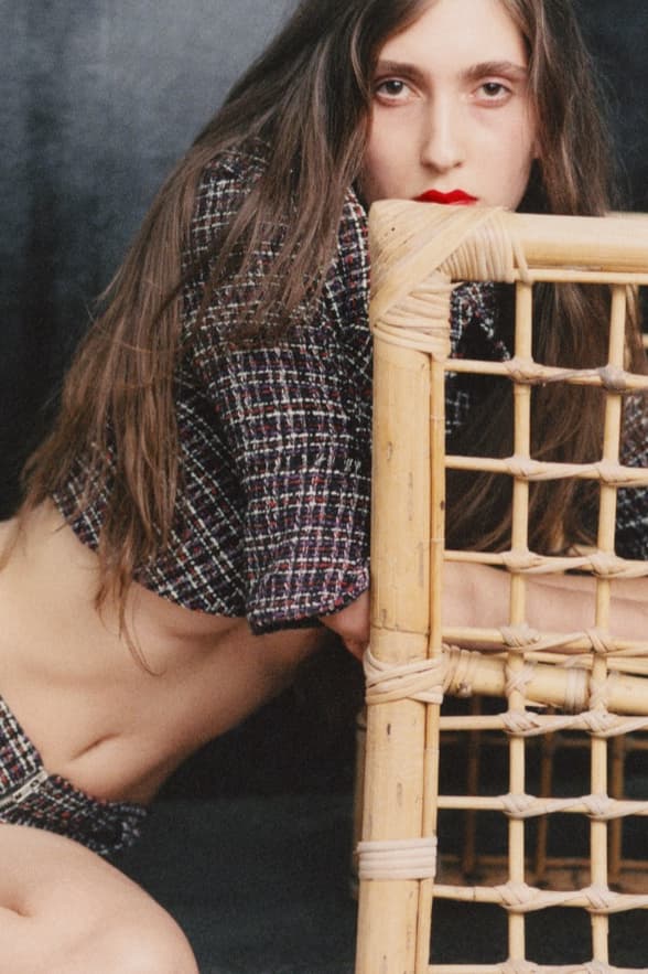 lucila safdie designer campaign woman girl fishnet tights cropped jacket shorts