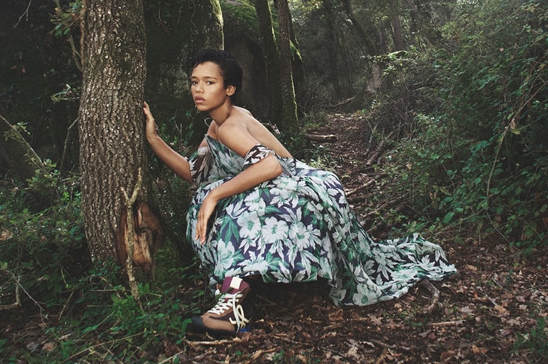 loewe taylor russell printed floral dress woodland nature scene