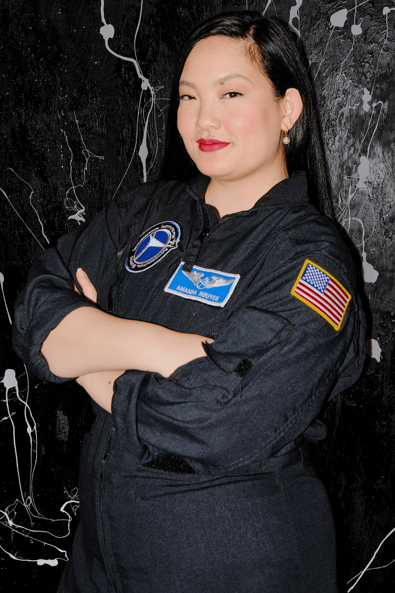 woman posing in space suit, amanda nguyen, beauty, cosmetics, makeup