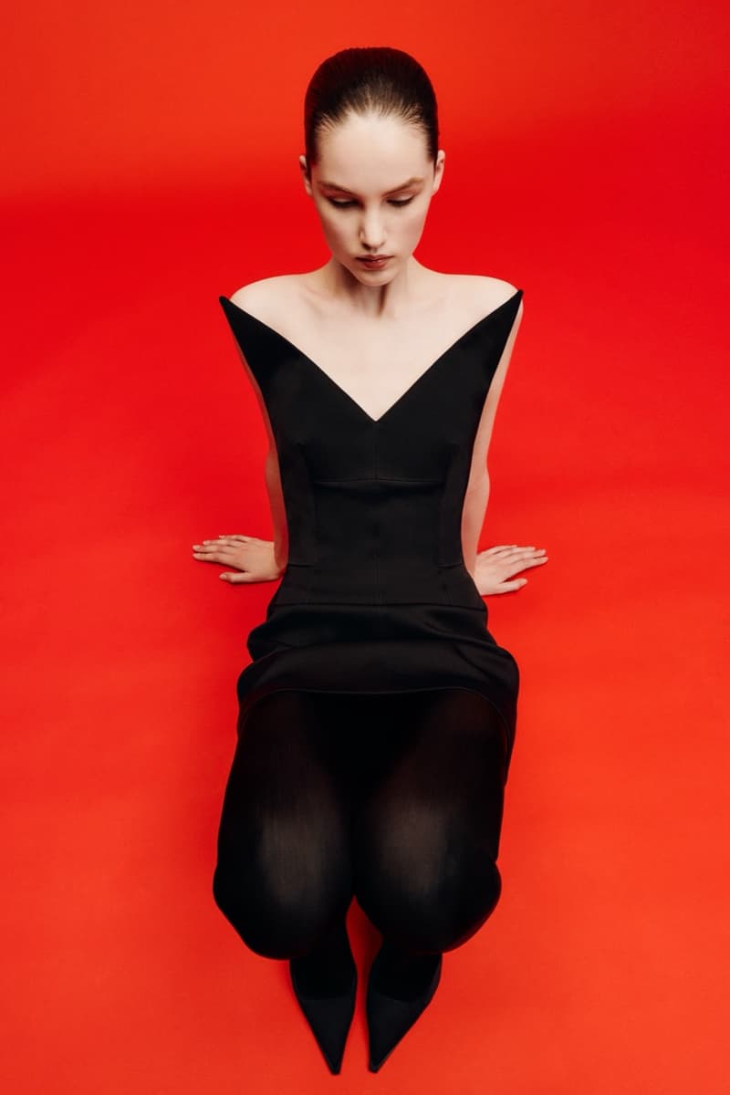 david koma woman girl red background tassels black dress leather pants bra