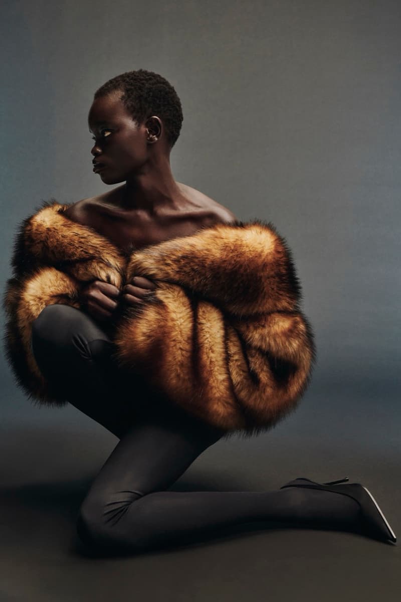 david koma woman girl red background tassels black dress leather pants bra