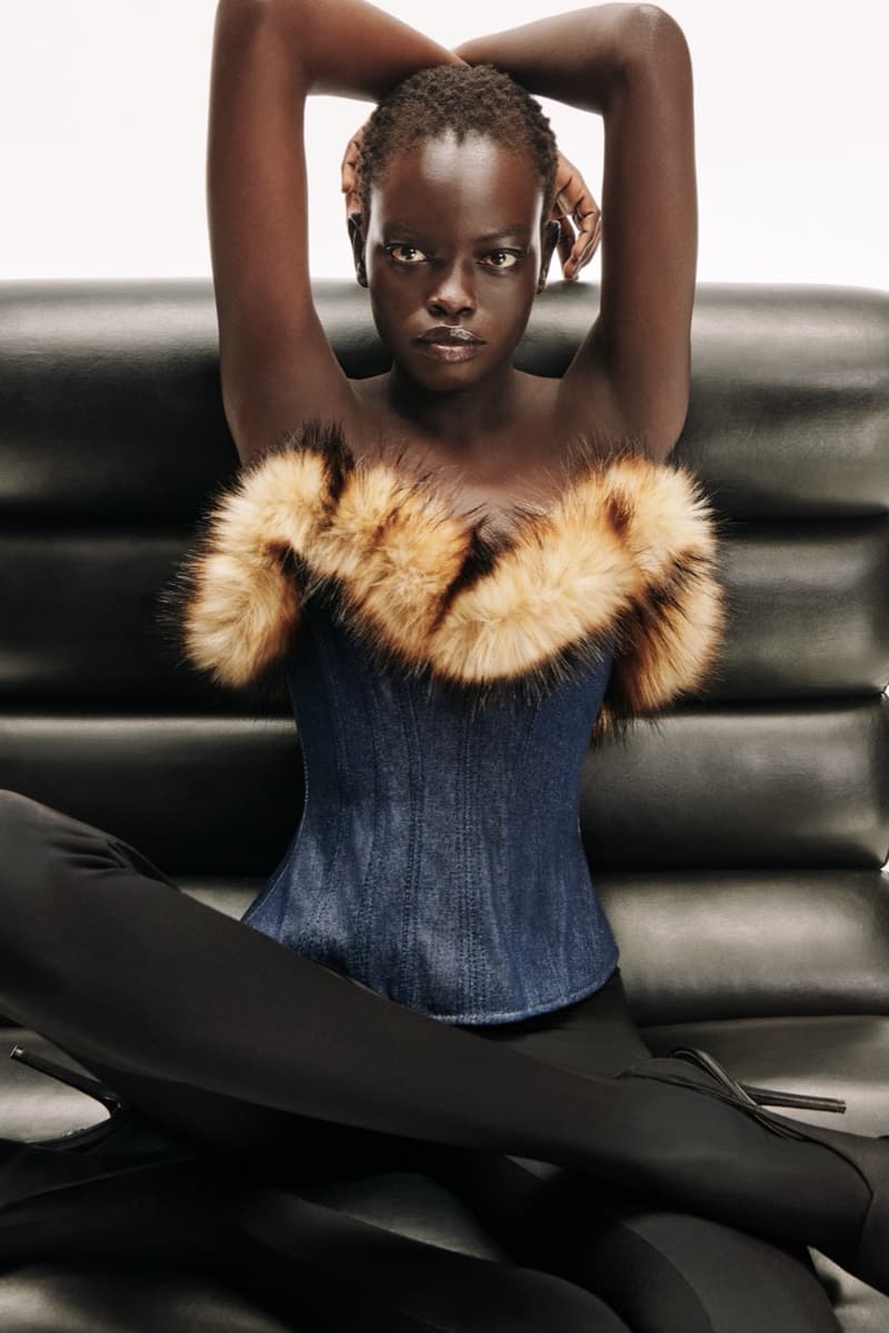 david koma woman girl red background tassels black dress leather pants bra