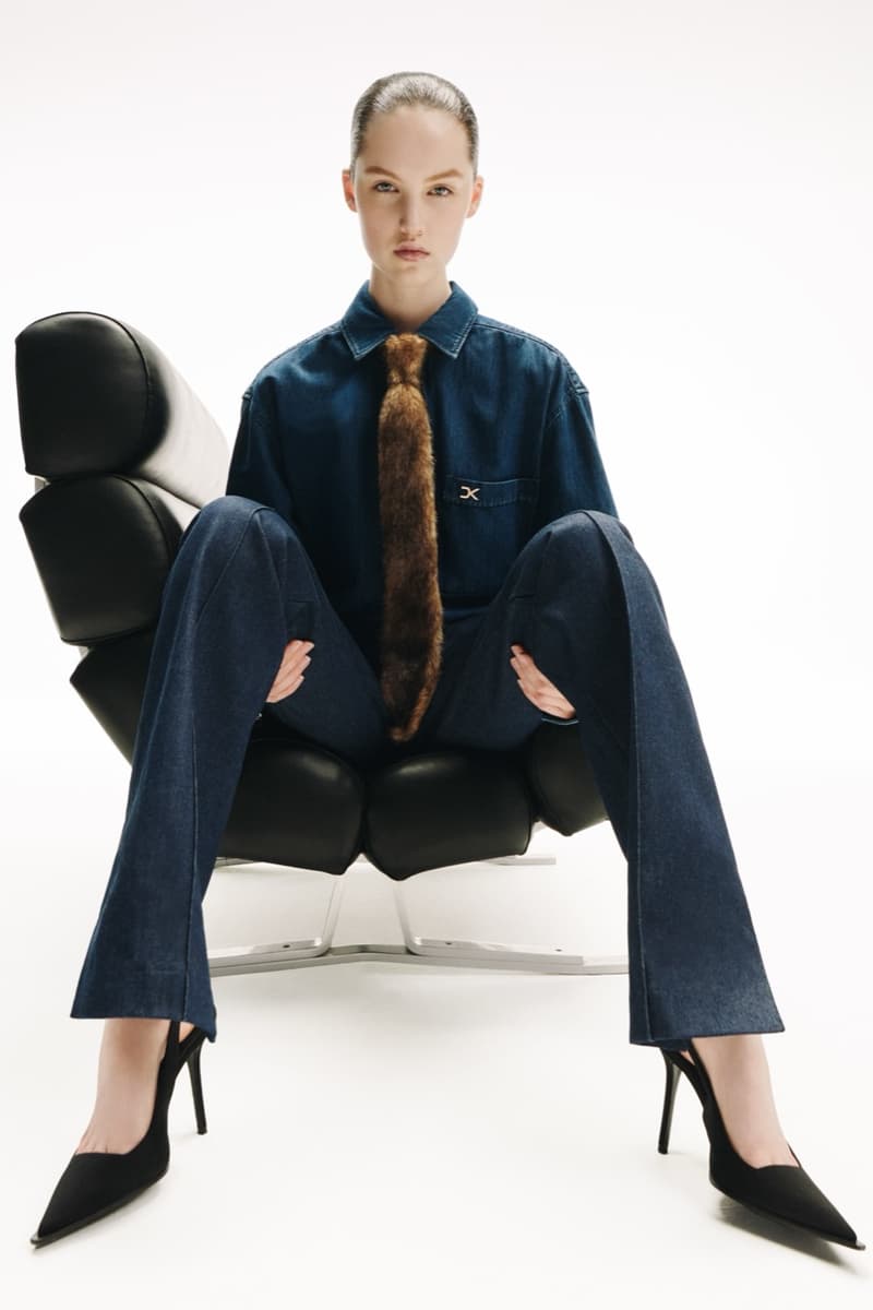 david koma woman girl red background tassels black dress leather pants bra