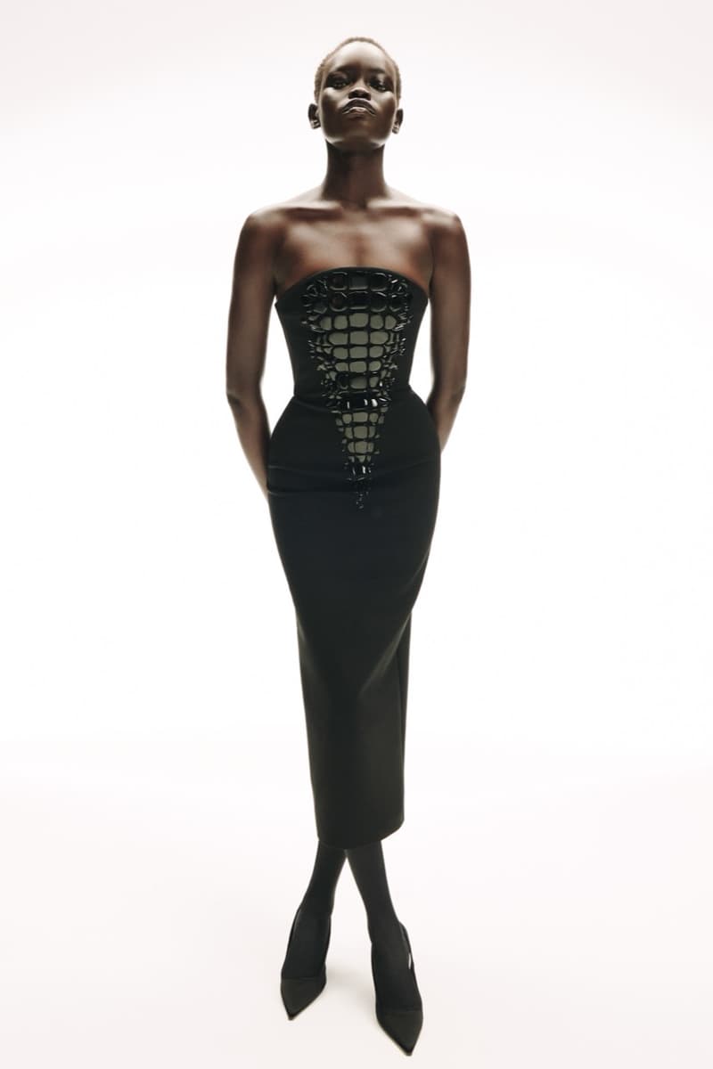 david koma woman girl red background tassels black dress leather pants bra