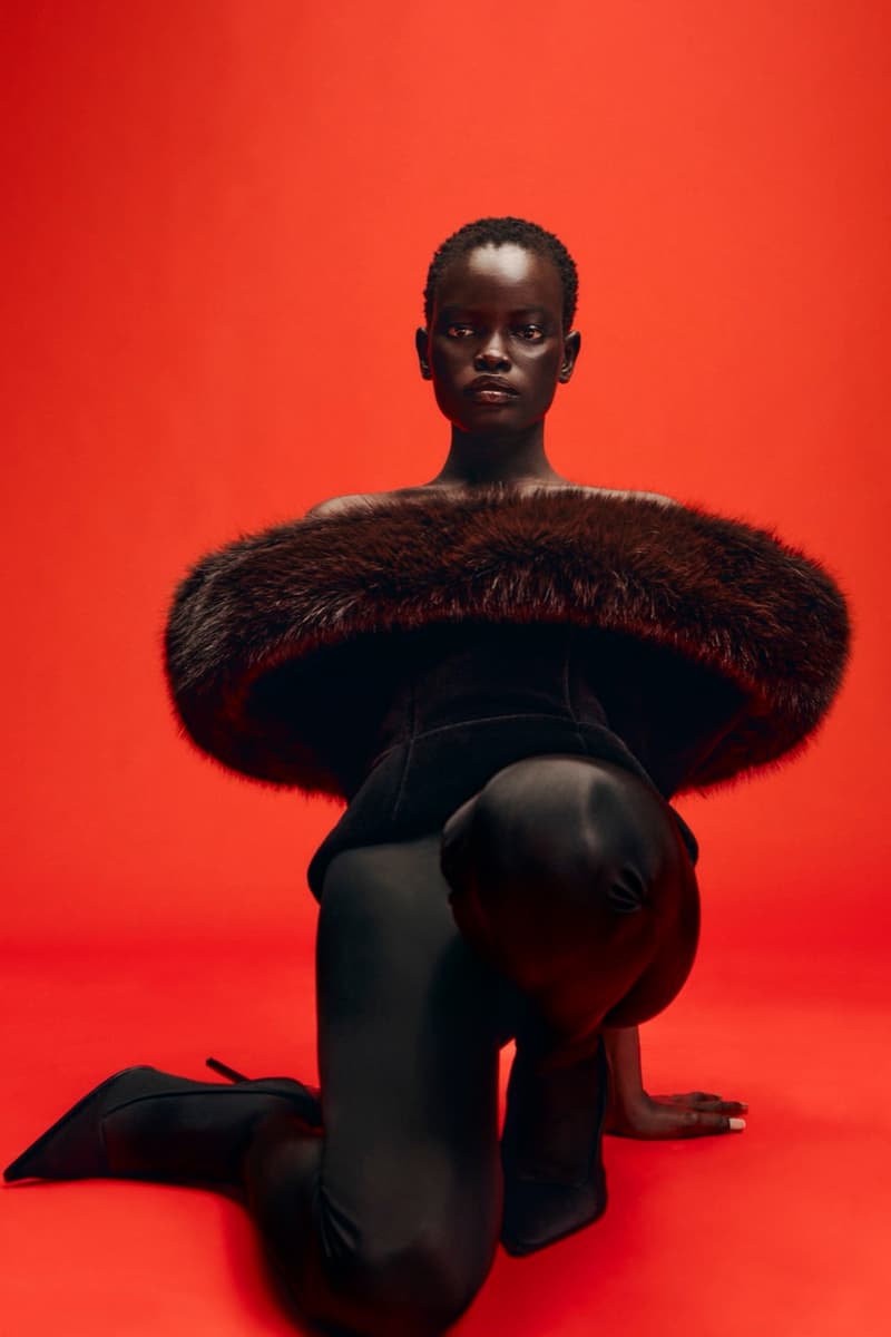 david koma woman girl red background tassels black dress leather pants bra