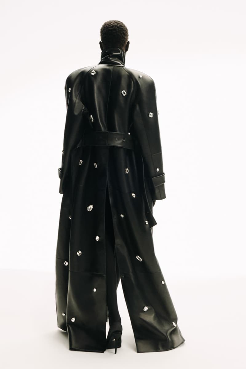 david koma woman girl red background tassels black dress leather pants bra