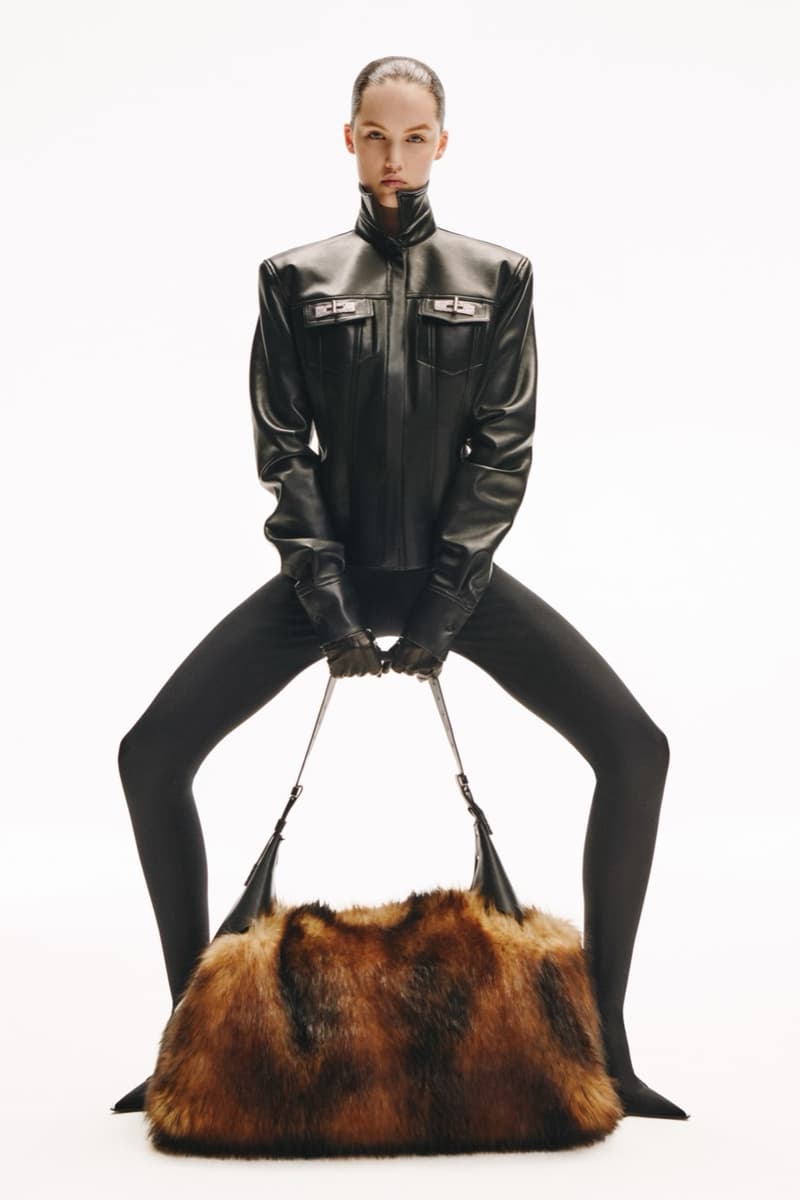 david koma woman girl red background tassels black dress leather pants bra