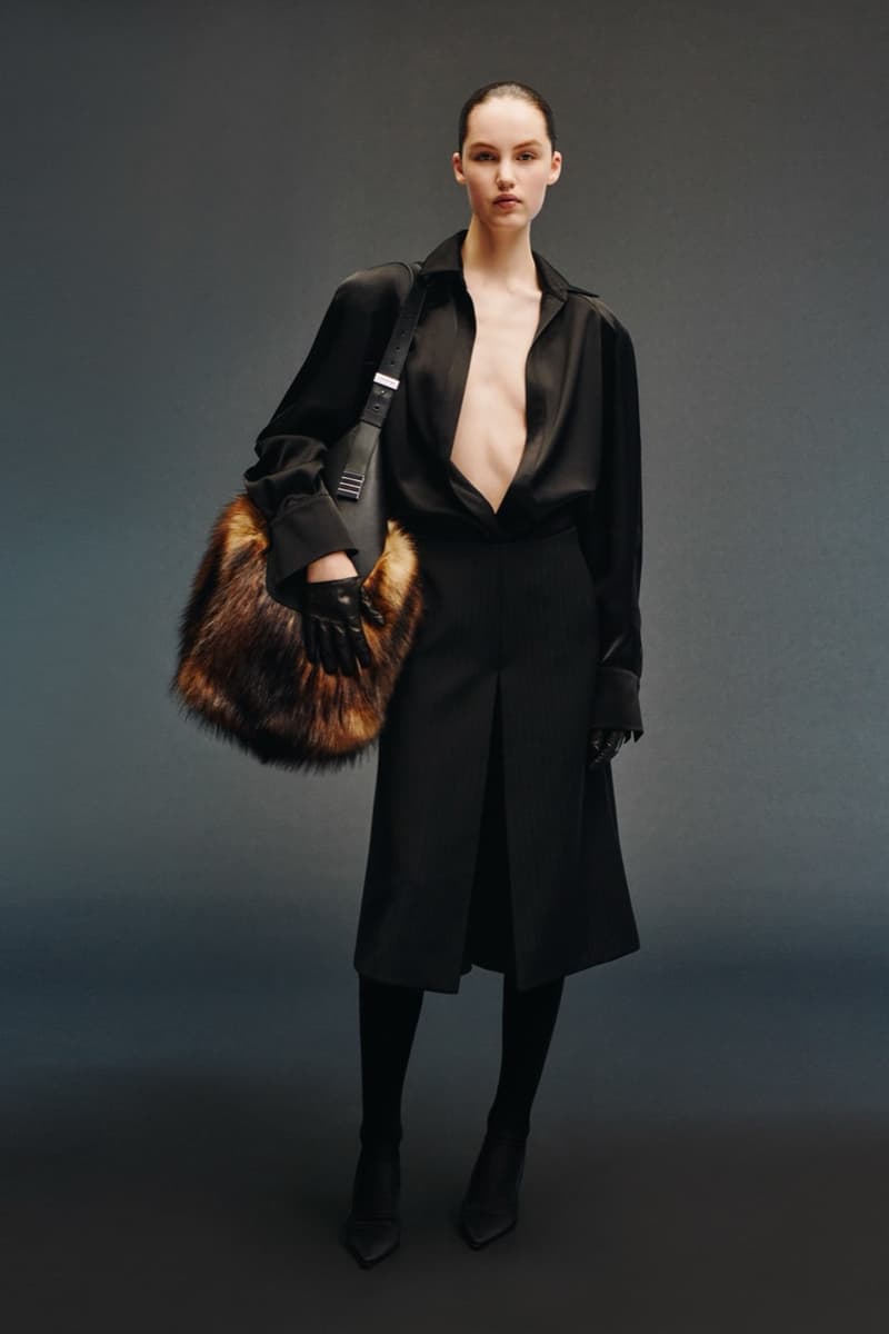 david koma woman girl red background tassels black dress leather pants bra