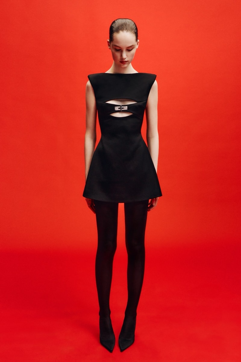 david koma woman girl red background tassels black dress leather pants bra
