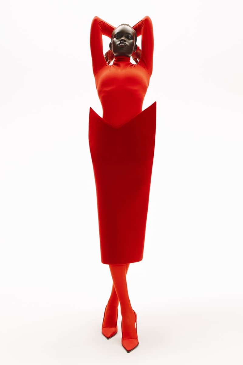 david koma woman girl red background tassels black dress leather pants bra