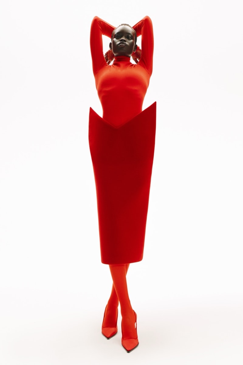 david koma woman girl red background tassels black dress leather pants bra