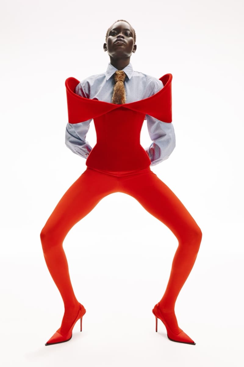 david koma woman girl red background tassels black dress leather pants bra