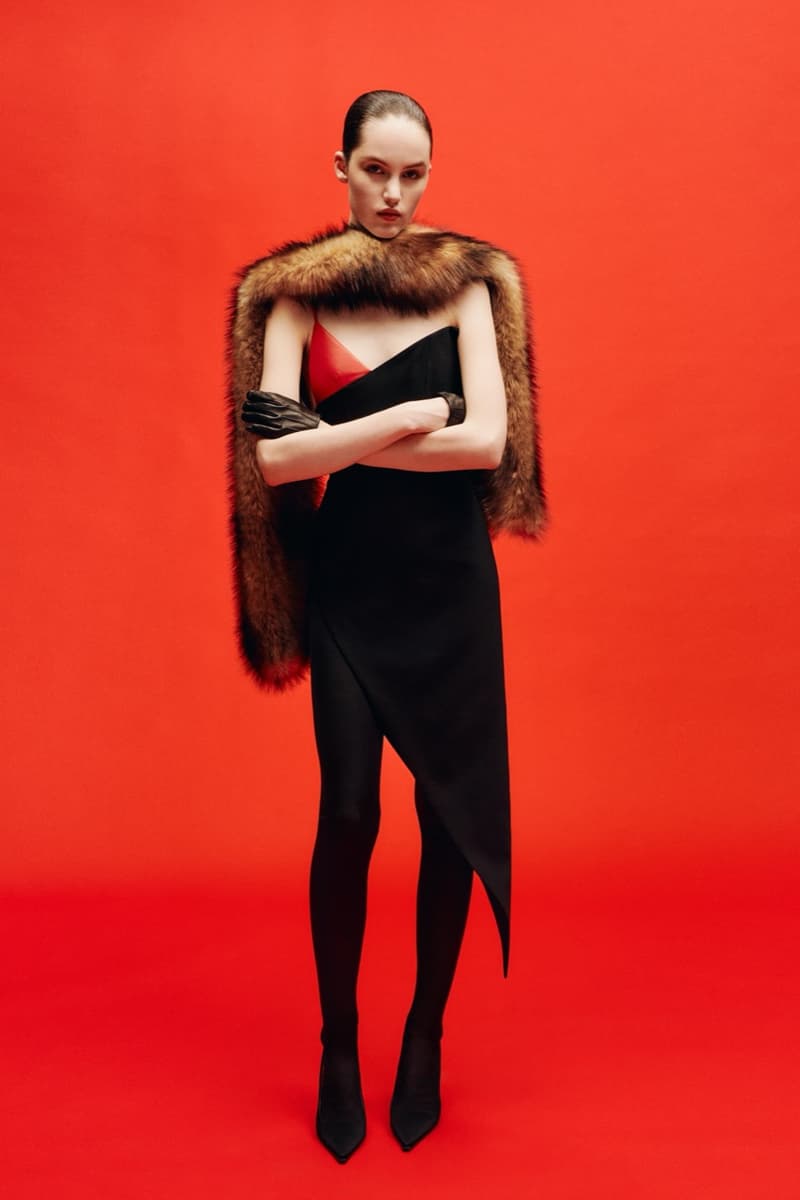 david koma woman girl red background tassels black dress leather pants bra