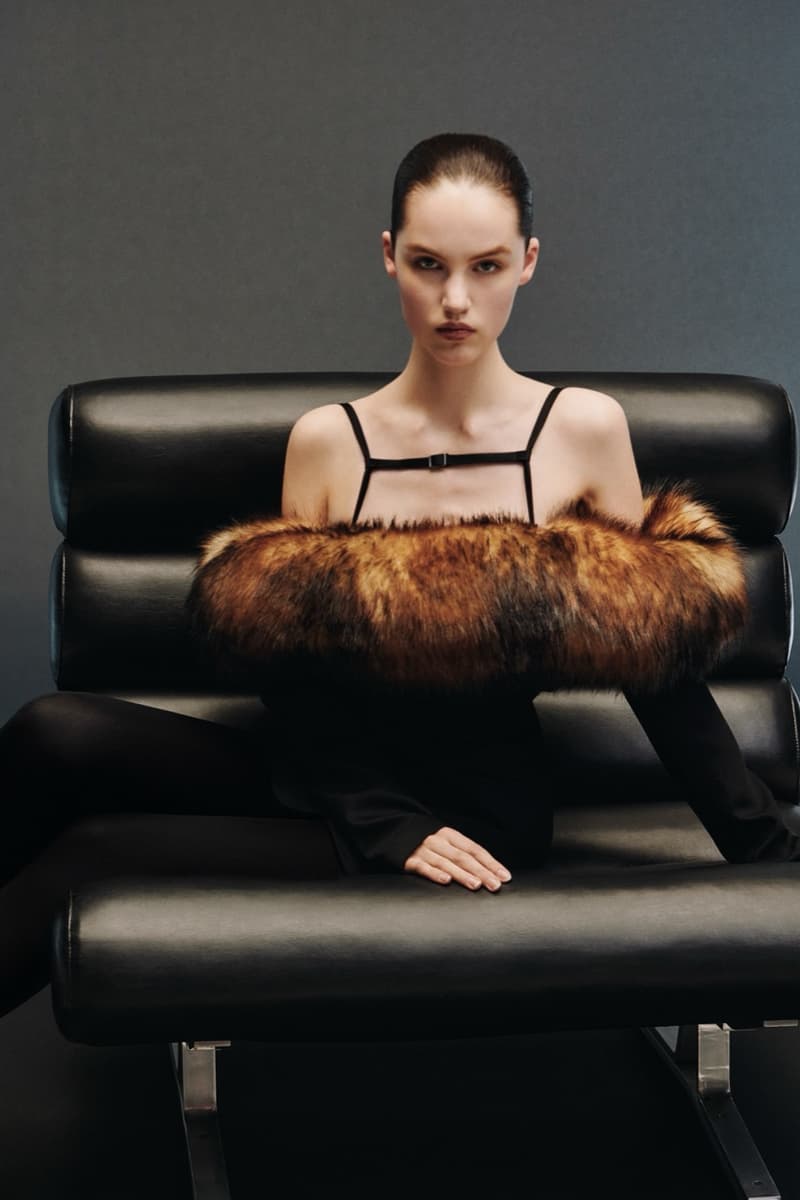 david koma woman girl red background tassels black dress leather pants bra