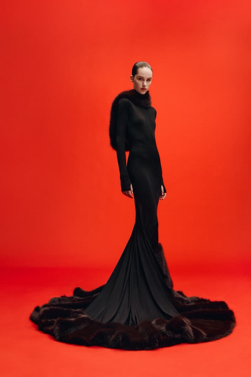 david koma woman girl red background tassels black dress leather pants bra