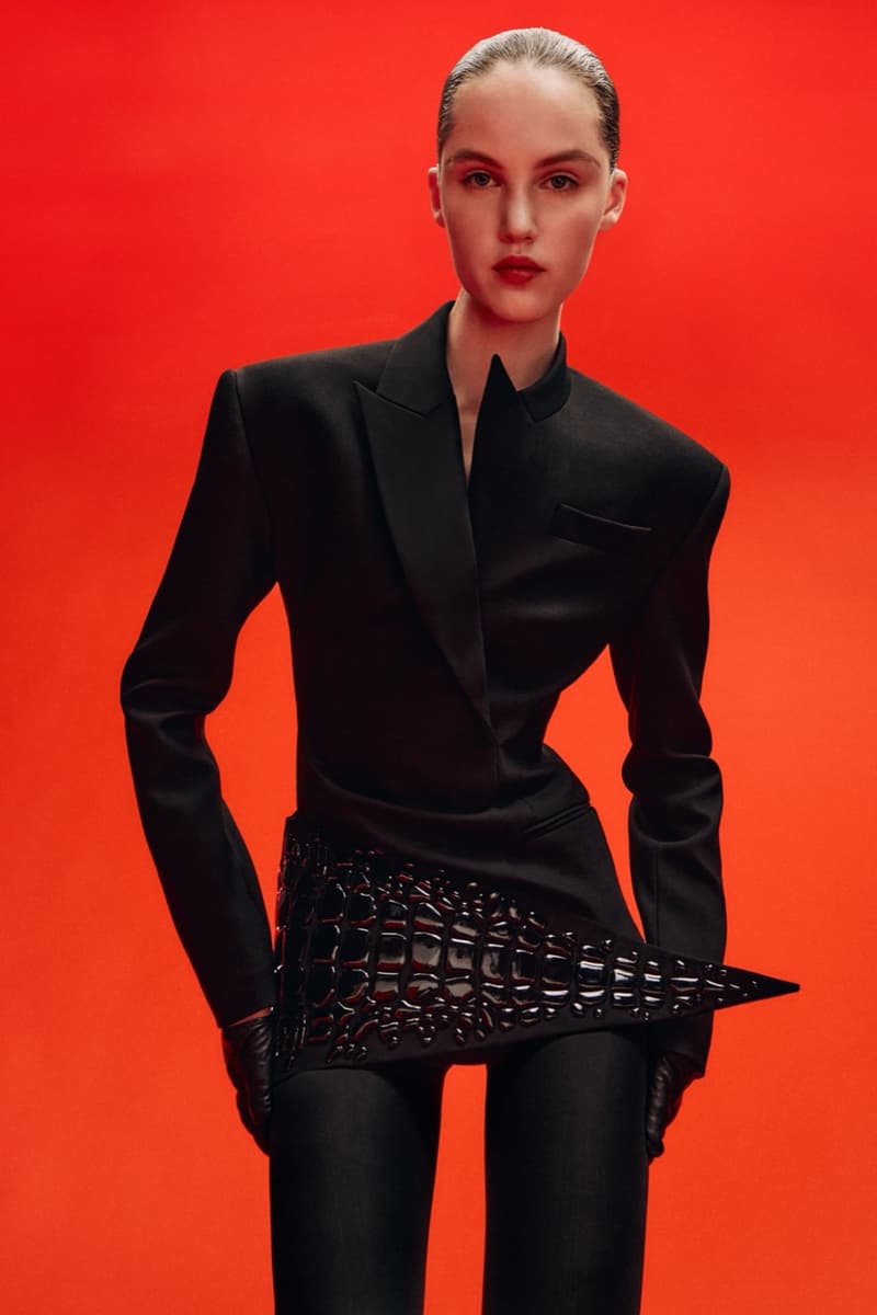 david koma woman girl red background tassels black dress leather pants bra