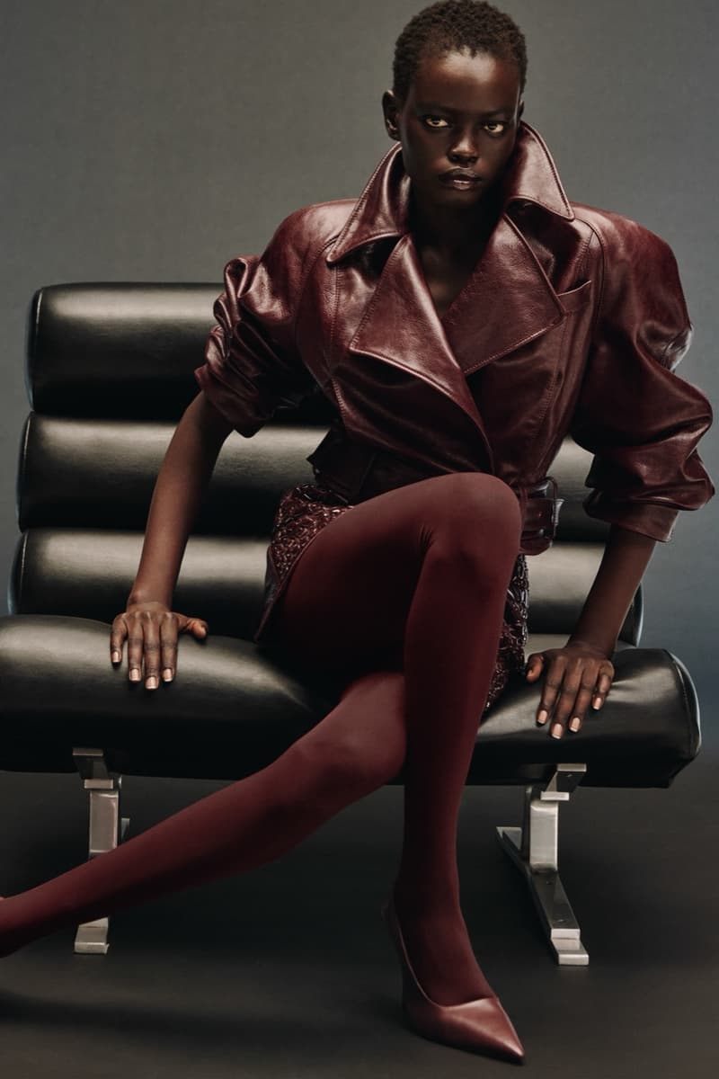 david koma woman girl red background tassels black dress leather pants bra