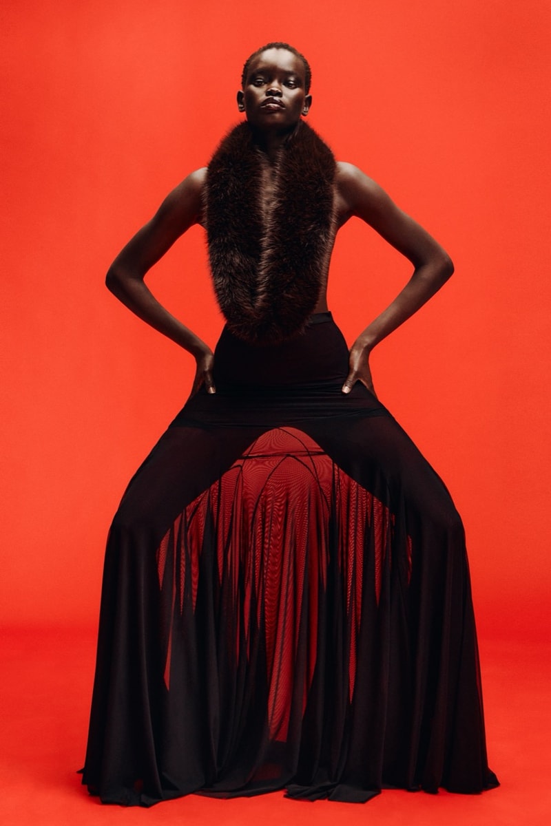 david koma woman girl red background tassels black dress leather pants bra