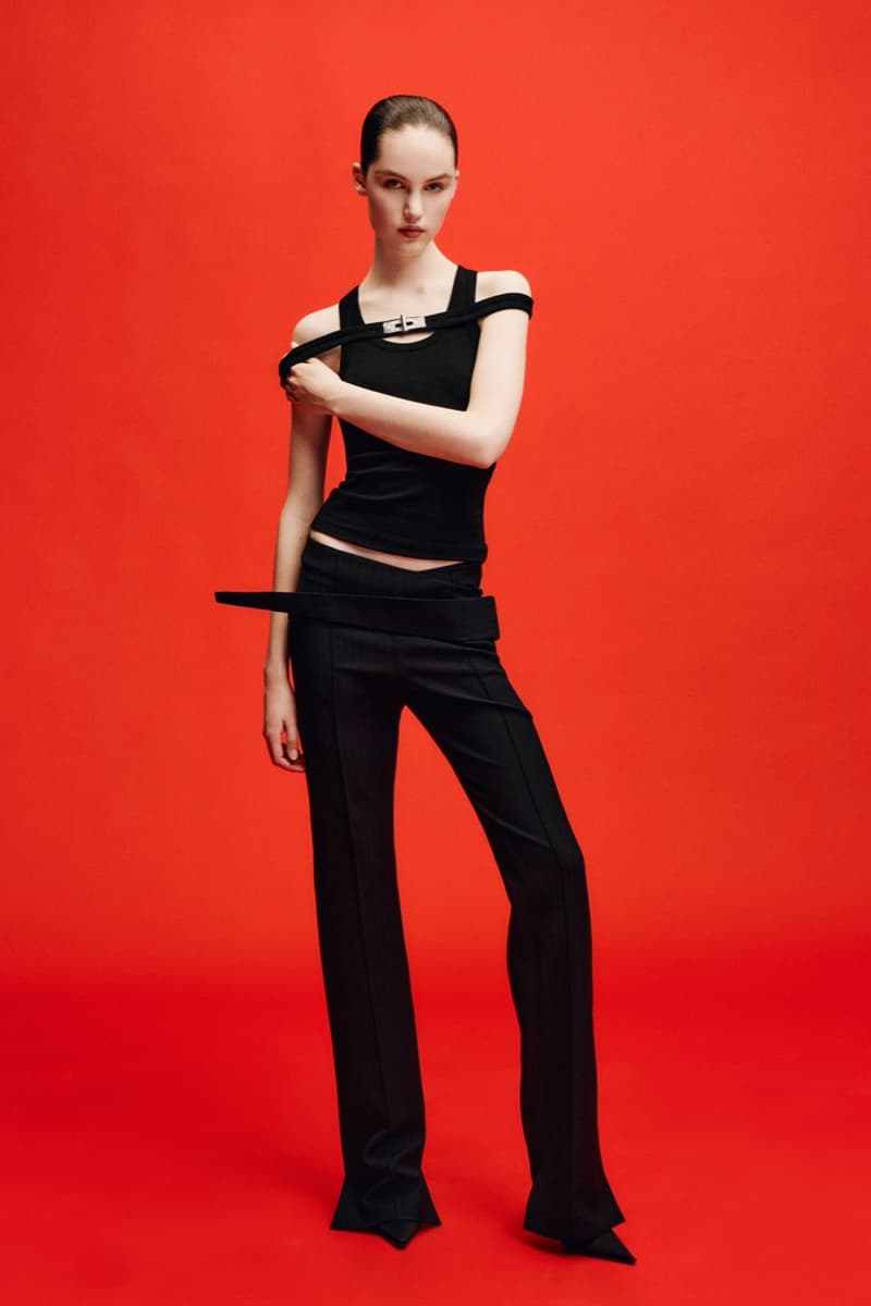 david koma woman girl red background tassels black dress leather pants bra