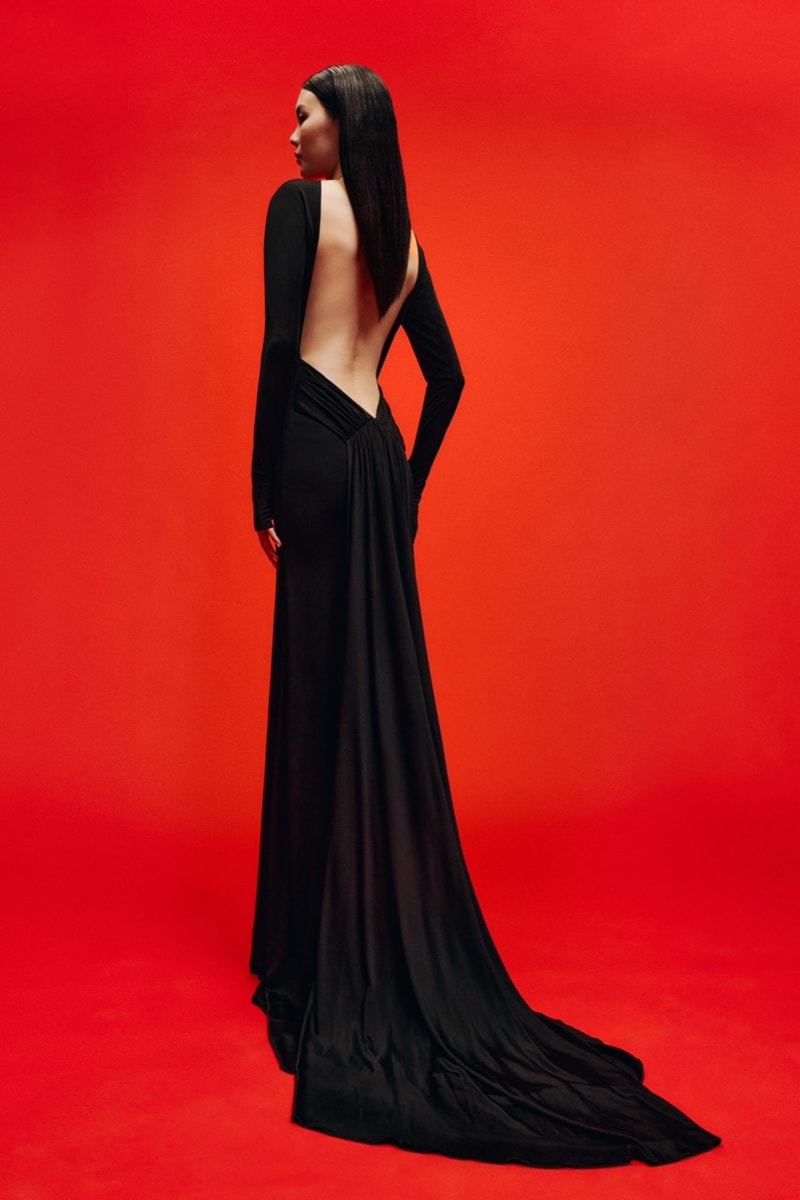 david koma woman girl red background tassels black dress leather pants bra