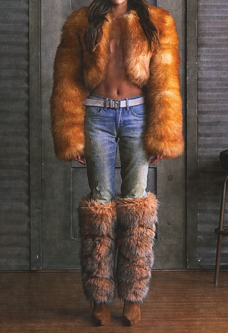 guess usa distressed denim fur boots jacket woman naked body nude