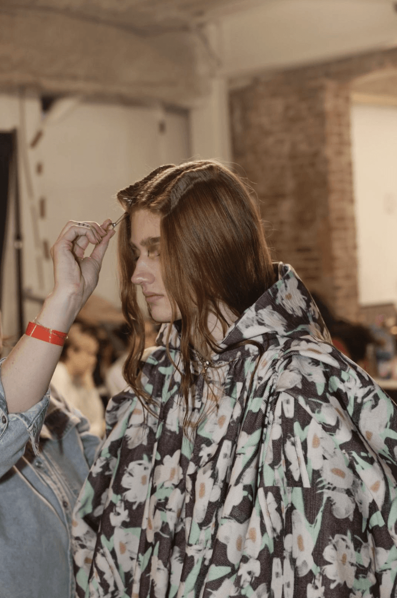 models backstage at collina strada wearing ilia makeup and bumble and bumble hair, fall winter 2025 new york fashion week