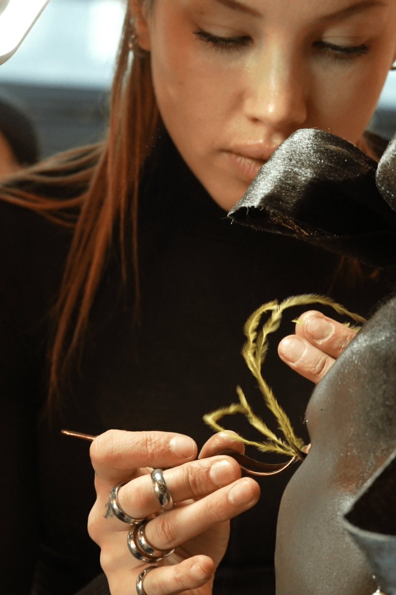 isamaya ffrench applying feather eyelashes, lashify beauty, thom browne, nails, makeup, hair