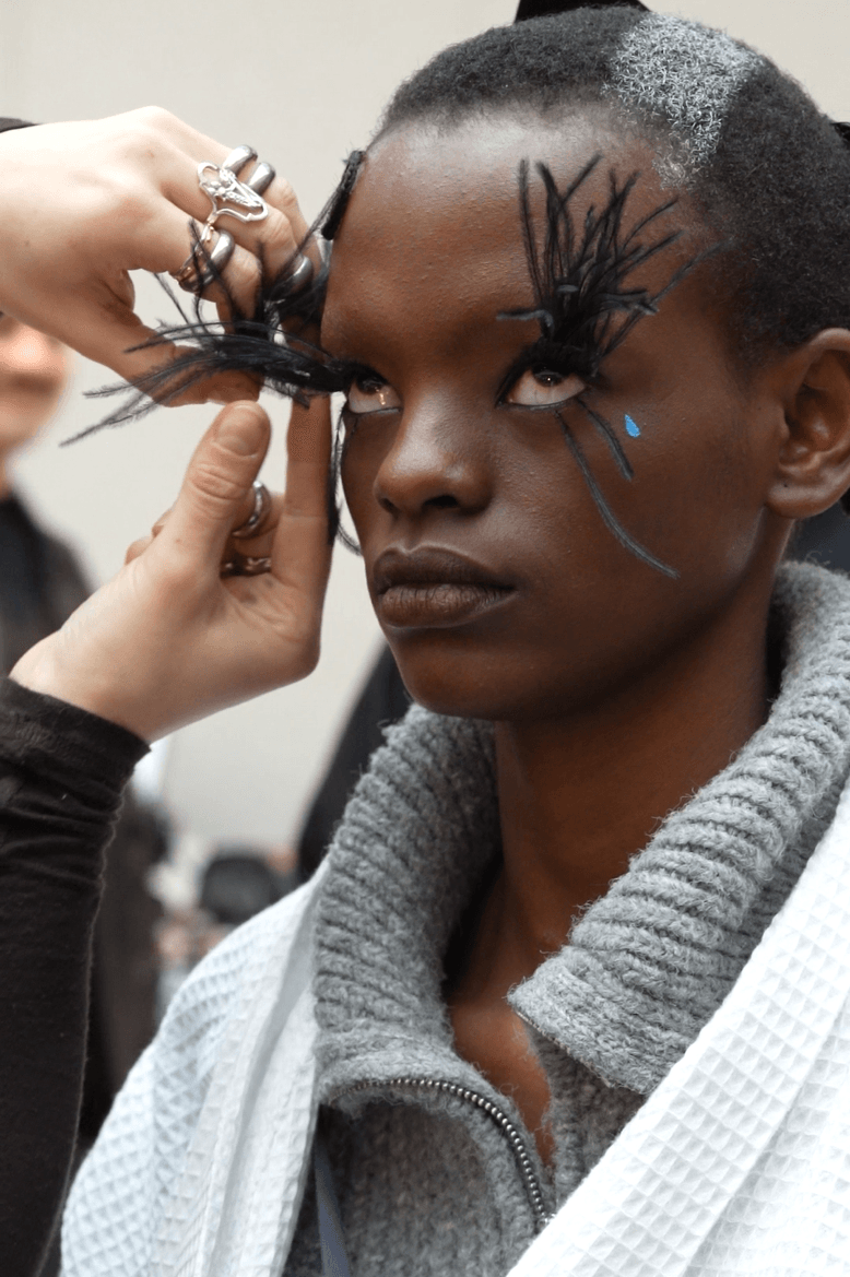 isamaya ffrench applying feather eyelashes, lashify beauty, thom browne, nails, makeup, hair