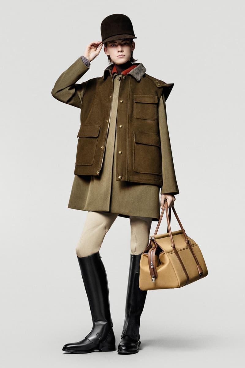 loro piana fall winter 2025 2026 horse riding equestrian milan fashion week kiosk hunting jacket jophpur needle bag tweed hats pantskirt argentina 