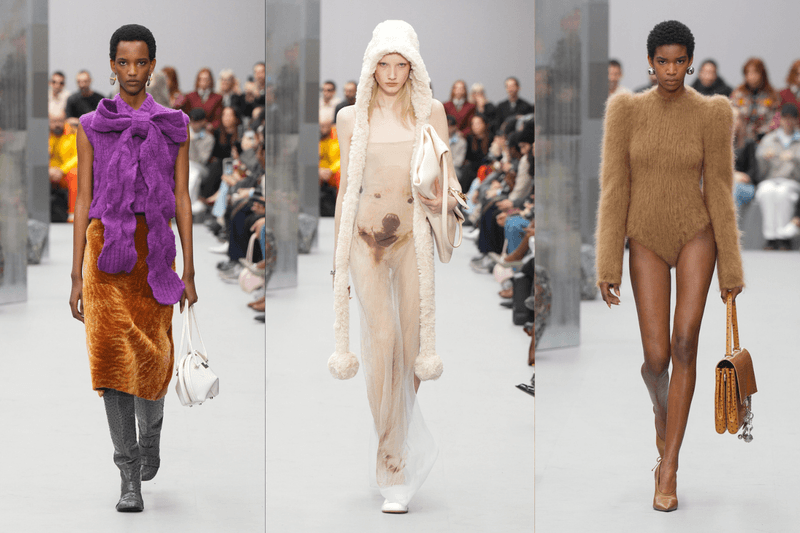 paris runways models paloma wool mcqueen ruffles red gown sheer clothing bodies women 