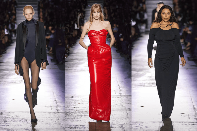 paris runways models paloma wool mcqueen ruffles red gown sheer clothing bodies women 