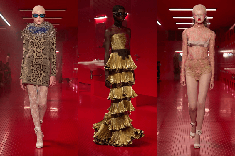 paris runways models paloma wool mcqueen ruffles red gown sheer clothing bodies women 