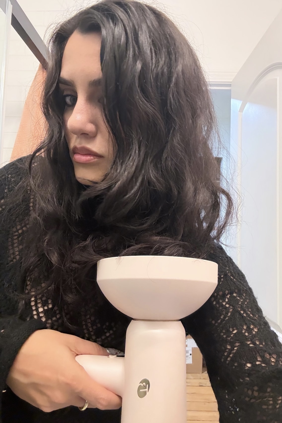 woman using t3's aire IQ intelligent hair dryer and diffuser, haircare review, beauty