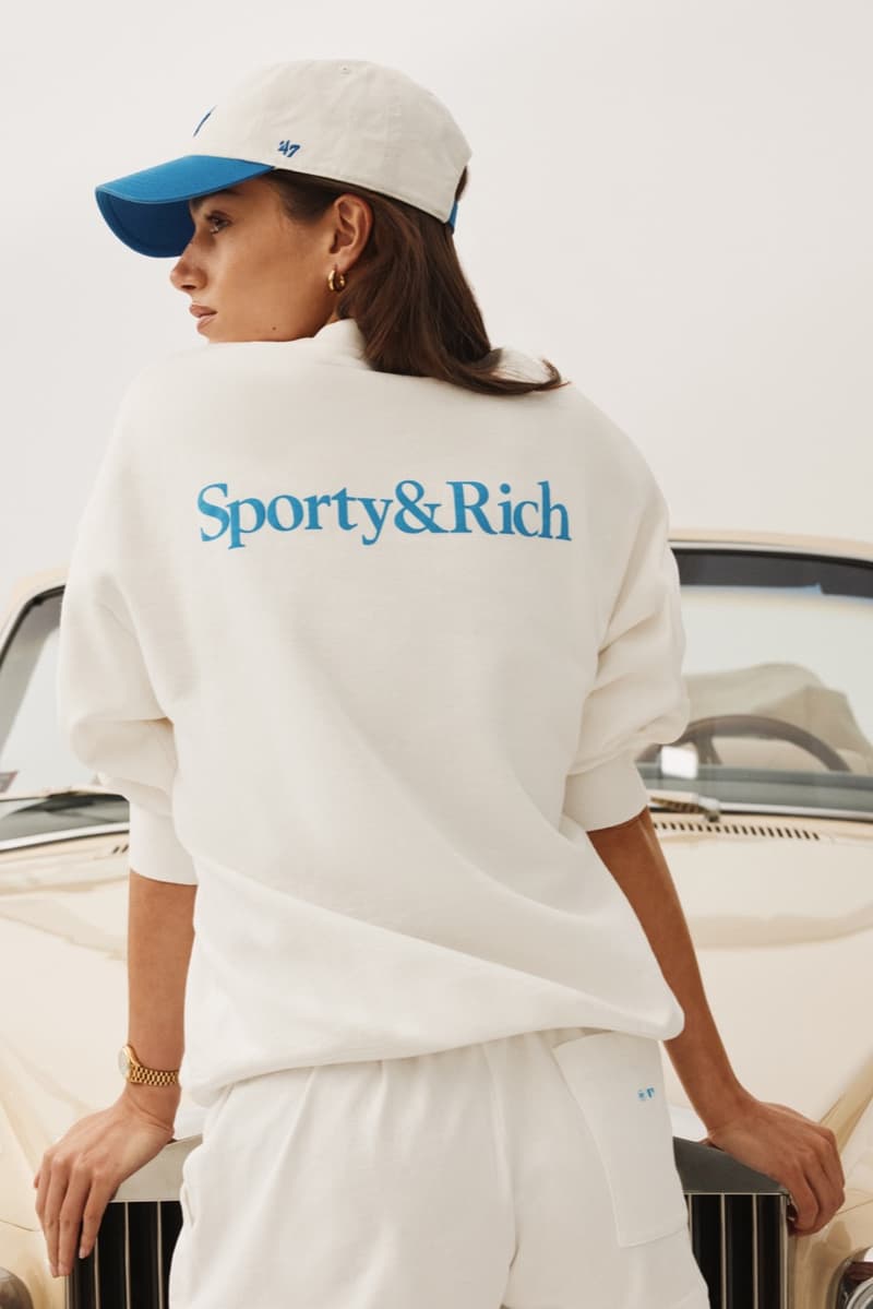 sporty rich los angeles dodgers baseball collection shorts caps sweatshirts pants girl laying on car